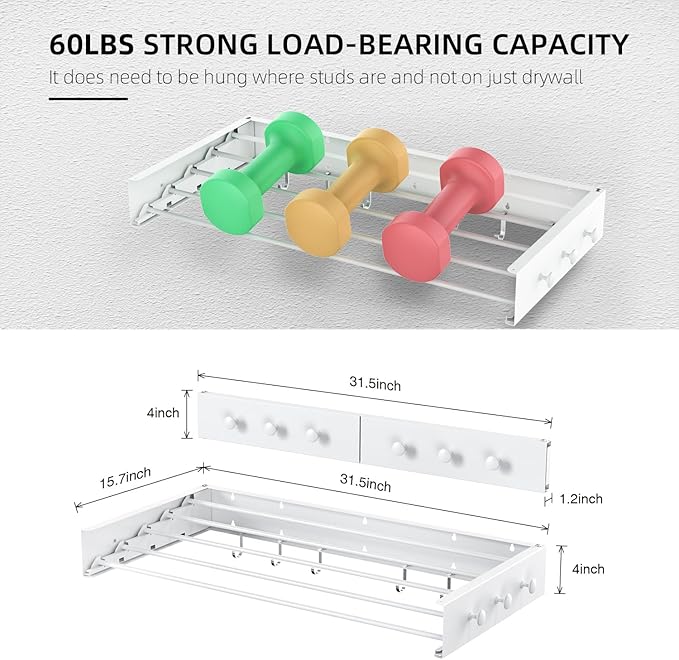 Drying Rack Clothing,Clothes Drying Rack Wall Mounted,Laundry Drying Rack Wall Mount,Foldable,Collapsible,60 lb Capacity 5 Aluminium Poles with 12 Hooks (White, 31.5" Upgrade)