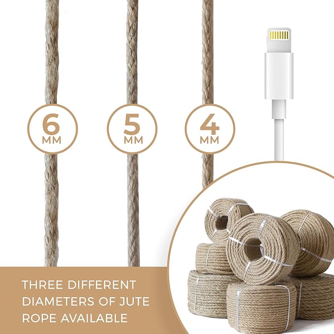 RIOOP Natural Jute Twine Rope 328 Feet 6mm, Heavy Duty Premium Garden Twine String for Crafts, Gardening Deals, Cat Scratching & Macrame Cord, for Climbing Plants, Halloween Decor
