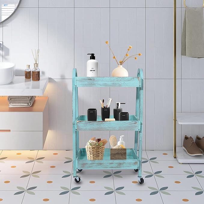 3-Tier Rolling Utility Cart with Lockable Wheels Storage Slim Storage Heavy Duty Cart Mobile Shelving Unit Craft Narrow Organizer for Bathroom Laundry Kitchen (Vintage Blue)