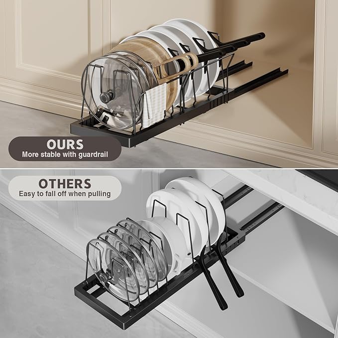 2 Pack Pots and Pans Organizer Under Cabinet, 22" Deep Expandable Pull Out Pot Lid Organizer and Storage with 10 Adjustable Dividers No Drill Pot and Pan Holder Rack with Handle Bracket(Black)