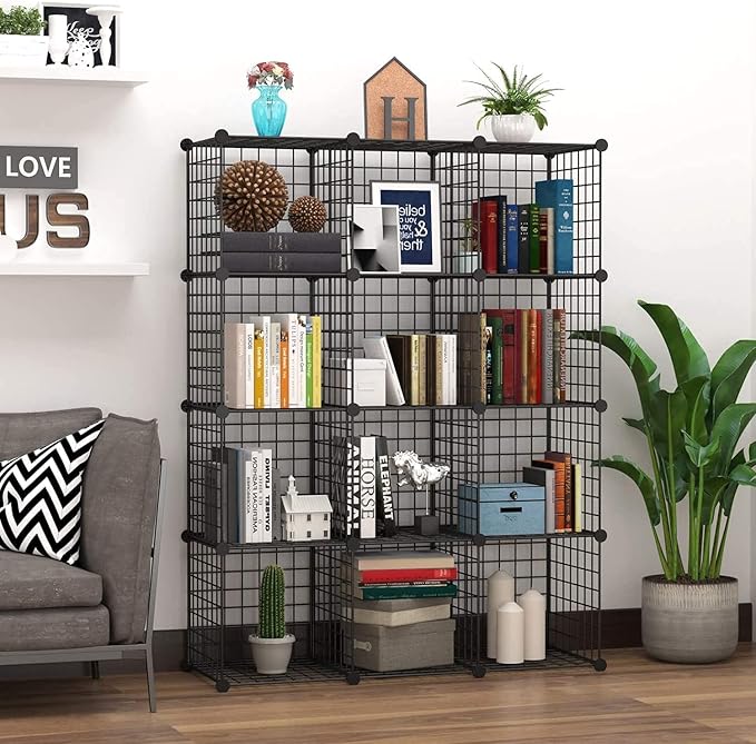 HUBSON Wire Cube Storage Organizer, Book/Toy/Craft/Potted Plants and petCloset Organizers and Storage Shelves, 16-Cube Freely Combinable Metal Grids Storage Shelf,Black Iron