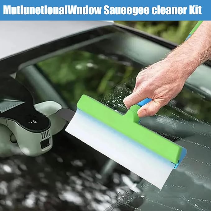 Recyclable Silicone Window Squeegee Kit, Aqua Blade Window Squeegee Kit, 3 in 1 Glass Cleaning Set with Silicone Squeegee & Microfiber Scrubber for Shower, Mirror, Door & Car Cleaning (Green)