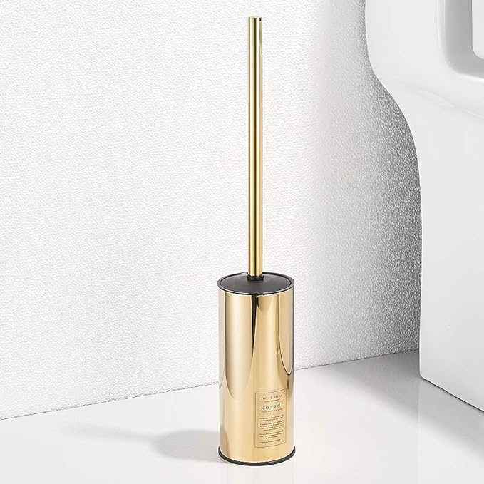 Freestanding Toilet Brush Holder for bathrooms 304 Stainless Steel Toilet Brush Stand Round Storage and Organization Rust Resistant 18-inch high Polished Gold Finished