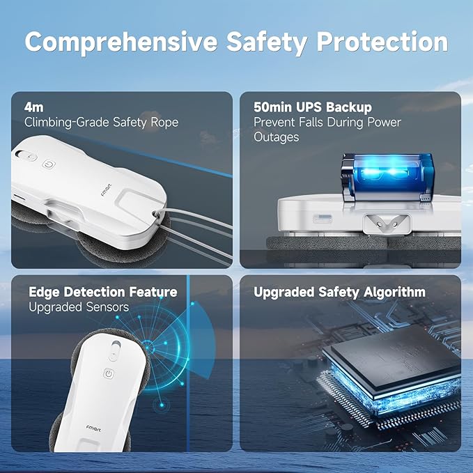 Fmart T11 Window Cleaning Robot, 5300PA Suction, Automatic 4-Way Spraying System, Triple Safety Protection, Smart Navigation, Remote Control, for All Smooth Surfaces, Includes 10 Cleaning Pads. (2025)