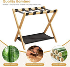 oakvivo Fully Assembled Luggage Rack, 26.77" Natural Luggage Rack for Guest Room, Bamboo Folding Suitcase Stand with Fabric Storage Shelf, Heavy Duty 5 Nylon Straps Luggage Holder for Hotel, 1 Pack
