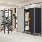 Heavy Duty Covered Clothes Rack with Magnetic Door Foldable Portable Wardrobe Closet for Hanging Clothing Rolling Black Metal Garment Rack on Wheels Closet System (Navy Blue, 70.89in)