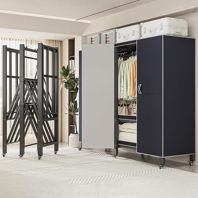 Heavy Duty Covered Clothes Rack with Magnetic Door Foldable Portable Wardrobe Closet for Hanging Clothing Rolling Black Metal Garment Rack on Wheels Closet System (Navy Blue, 70.89in)
