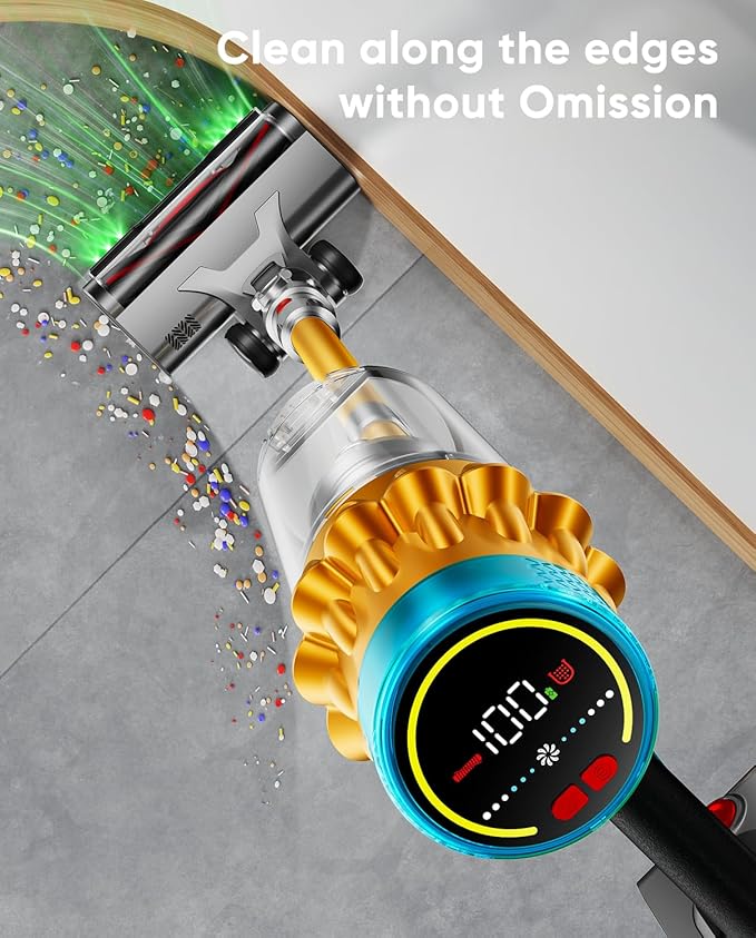 Cordless Vacuum Cleaner, 600W/50KPA, Max 70 Mins Runtime, Self-Standing Vacuum Cleaners for Home, Anti-Tangle Stick Vacuum, Smart Display Vacuum Cordless with 1.8L Cup for Pet Hair/Carpet (Gold)