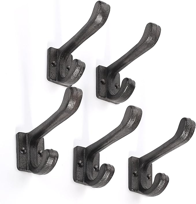 Ambipolar 5 Pack Decorative Cast Iron Heavy Duty Double Hooks, Wall Mounted Coat Hooks, Vintage Inspired (Antique Black) (Modern Type)