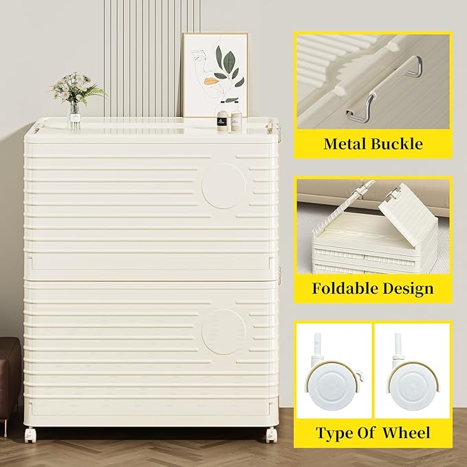 Plastic folding Storage Bins with Lids,Stackable Storage Bins for Clothes,Storage Container,Room Organizer, for Living Room,Bedroom,Office, Kitchen,Bathroom,cream white,2pack