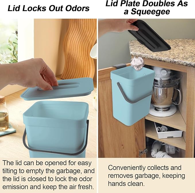 Compost Bin Kitchen, Bring 5 Rolls (100) of Garbage Bags, for Use on Countertops or Under Sinks, Hanging Trash Can with Lid, for Cupboard/Bathroom/Bedroom/Office/Camping(Bule 0.8 Gallon/3L)