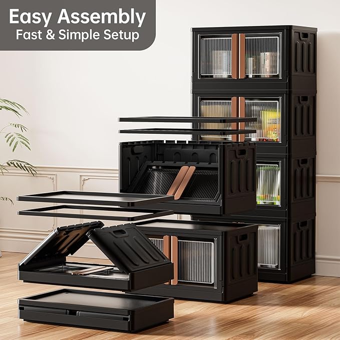 HAIXIN Storage Bins with 4 Lids - 8.4 Gal Closet Cabinet 4 Pack Plastic Stackable Organizers with Front Opening Door Black Foldable Storage Box for Home Garage Office Craft