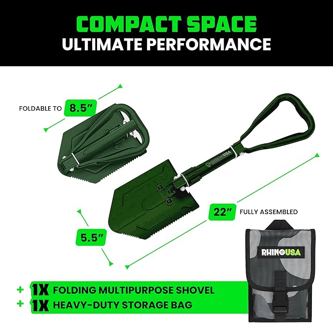 RHINO USA Folding Survival Shovel w/Pick - Heavy Duty Carbon Steel Military Style Entrenching Tool for Off Road, Camping, Gardening, Beach, Digging Dirt, Sand, Mud & Snow - Green