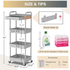 Goovilla 4 Tier Rolling Utility Cart Organizer with Removable Drawer, Stable and Sturdy Grey Rolling Storage Carts with 2 Lockable Wheels for Bathroom, Kitchen, Snack, Craft, Makeup, Baby Essentials