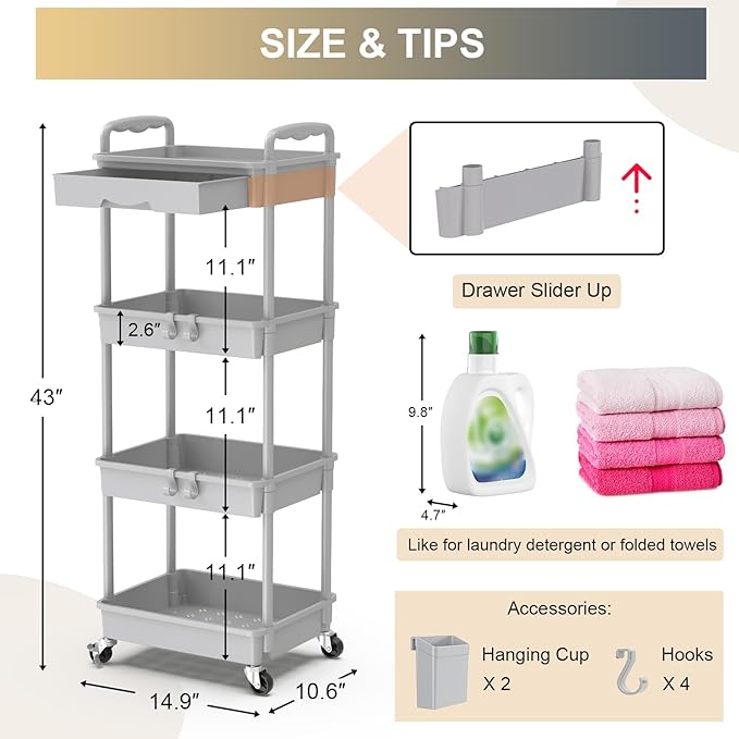 Goovilla 4 Tier Rolling Utility Cart Organizer with Removable Drawer, Stable and Sturdy Grey Rolling Storage Carts with 2 Lockable Wheels for Bathroom, Kitchen, Snack, Craft, Makeup, Baby Essentials