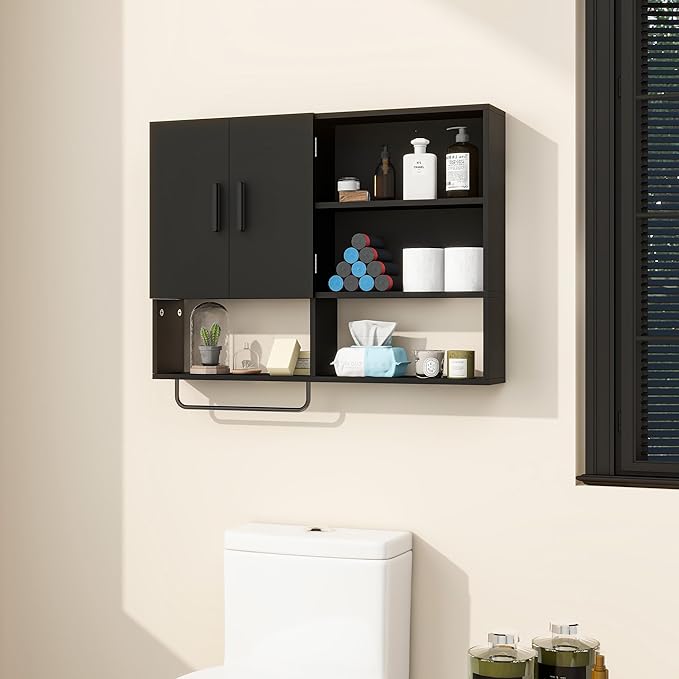 Wooden Bathroom Organizers, Over The Toilet Storage Cabinet with 2 Doors, Adjustable Shelves & Towel Bar, Wall Mounted Medicine Cabinet for Kitchen & Laundry, Black