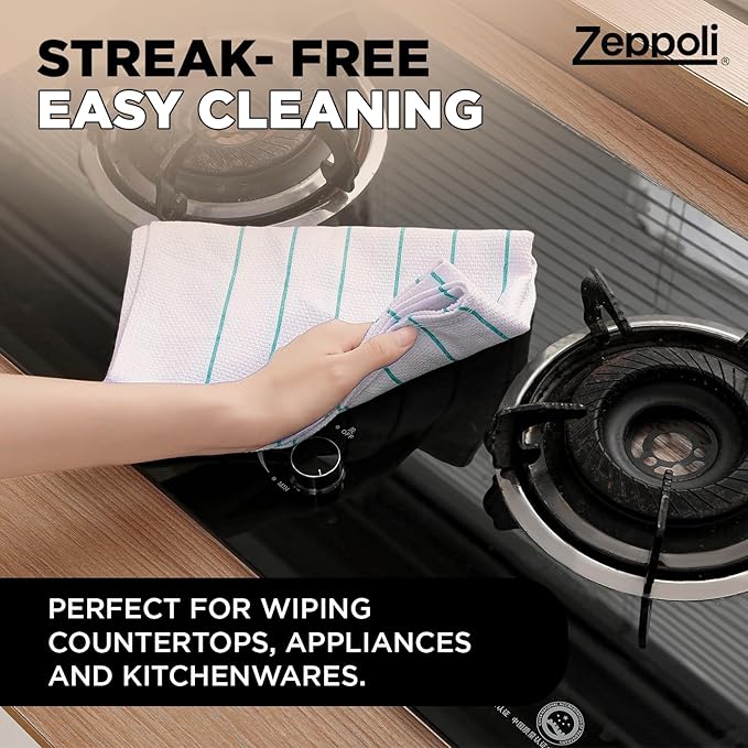 Zeppoli Classic Kitchen Towels - 6 Pack 100% Natural Cotton Towel Set, Reusable Wash Cloths, Absorbent Dish Towels, Machine Washable Hand Towels, Kitchen Essentials, 20" x 28" - Aqua Base