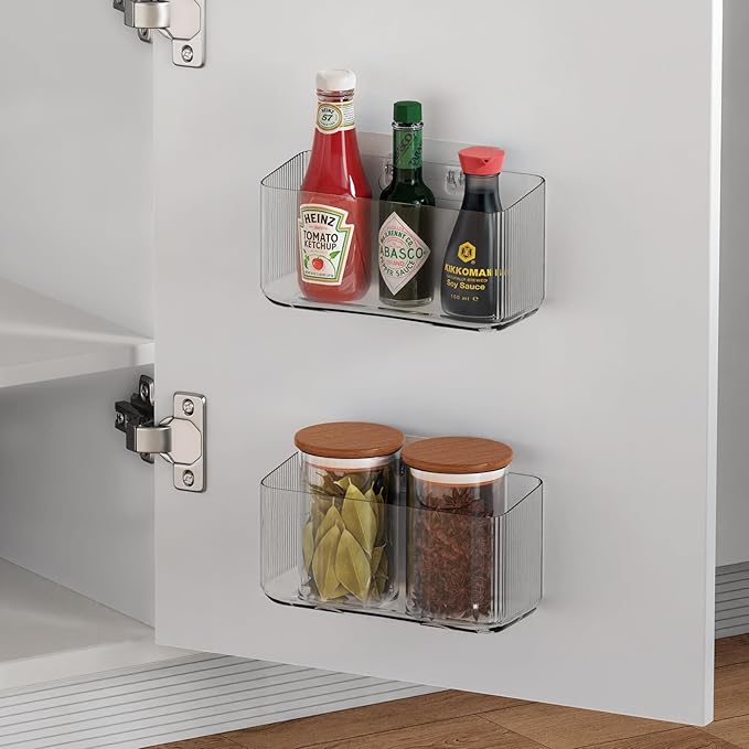 MaraFansie 2 Pack Over Cabinet Organizer Storage Lid Organizer Caddy Space Saver No Drilling Adhesive Hook Over Door Organizer, Transparent, MFLO2PUSNEW