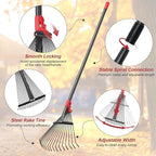 Garden Rake for Leaves: 70 Inch Adjustable Long Handle 18 Metal Tines with 8-17" Expandable Head Heavy Duty Metal Rake for Lawns Leaves Yard Grass Camping Debris