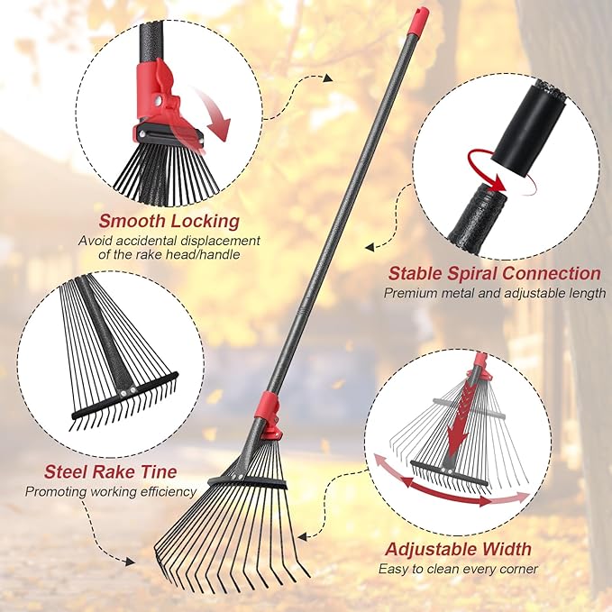 Garden Rake for Leaves: 70 Inch Adjustable Long Handle 18 Metal Tines with 8-17" Expandable Head Heavy Duty Metal Rake for Lawns Leaves Yard Grass Camping Debris