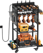 Power Tool Organizer Rolling Tool Cart with Charging Station & Power Tool Organizer - 3-Tier Rolling Utility Cart for Garage Workshop Storage