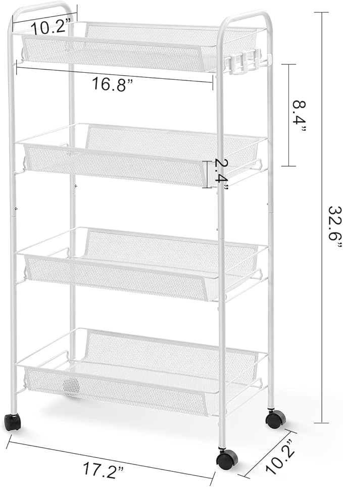 TOOLF 4-Tier Rolling Cart, Metal Utility Cart with 3 Hooks, Easy Assemble Mobile Storage Trolley On Wheels, Metal Shelving Units Kitchen Bathroom Laundry Room