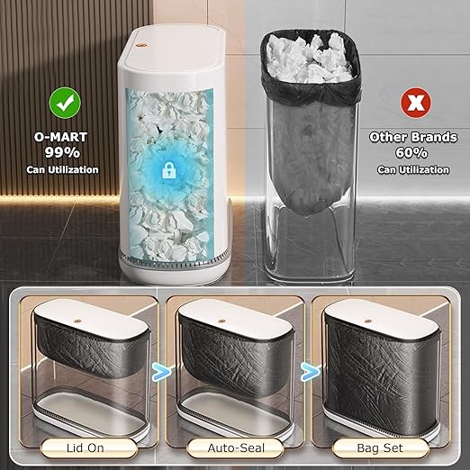 O-MART Bathroom Trash Can with Lid, Slim 3.2 Gallon Vacuum adsorption Garbage Bin, Narrow Press Top Waste Basket for Odor Control & Dog Proof for Bathroom Bedroom Office Home