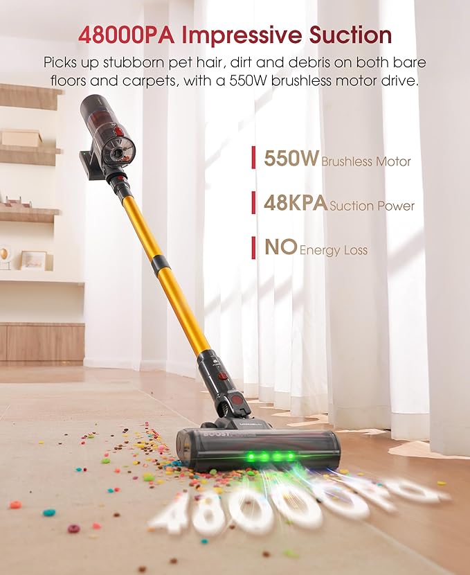 UNINELL HOME Cordless Vacuum Cleaner, 48000Pa 550W 65Mins Vacuum Cleaners for Home,LED Touch Display, Anti-Tangle Stick Vacuum Self-Standing, Vacuum Cordless Rechargeable for Pet Hair/Carpet