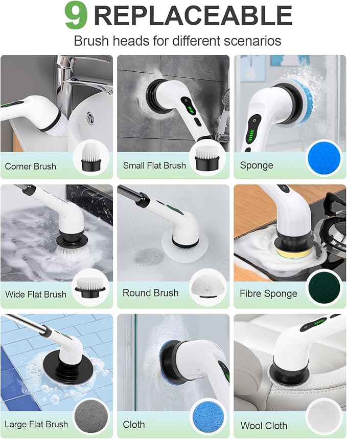 Electric Spin Scrubber, Cordless Cleaning Brush, Shower Scrubber with 9 Brush Heads 2H Power Dual Speed, Adjustable Extension Handle, IPX7 Waterproof for Tub Tile Floor Car, O-White