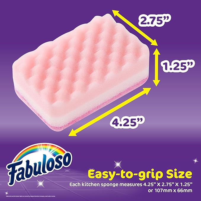 Fabuloso Scratch-Free Kitchen Dish Sponges, Rainbow Cellulose Scrubber Sponge with Scouring Pad for Dishes, Pots, Pans, Counters and Sinks, Tough on Messes, 4.25 x 2.75 x 1.25 in, 4 Count