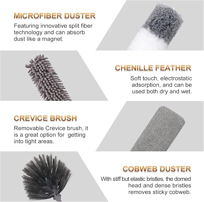 Microfiber Duster for Cleaning Fan, High Ceiling, Blinds, Furniture, Cars , 9PCS Extendable Feather Duster (Stainless Steel) 30 to 100 Inches, Reusable Bendable Washable