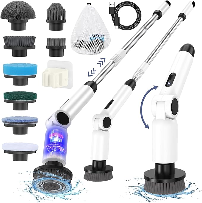 Electric Spin Scrubber, [IPX7 Waterproof ] [50KG Torque] Shower Scrubber with 9 Brush Heads, 2 Speed Mode, 4 Adjustable Angles, Electric Brush for Cleaning for Bathroom Floor Tile