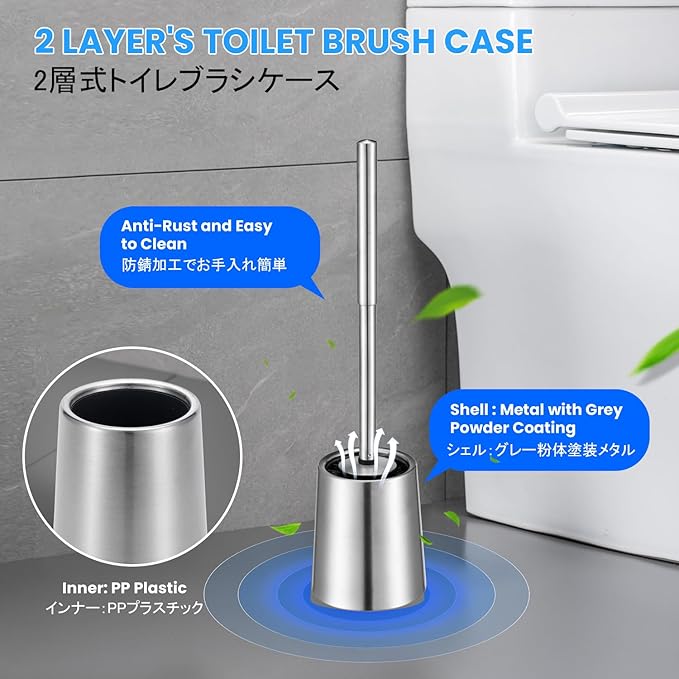 SUS304 Stainless Steel Toilet Brush and Holder Toilet Brush and Cases Bathroom Bowl Cleaning Brush Double Layer Holder Long Brush Handle High Density Bristles Silver