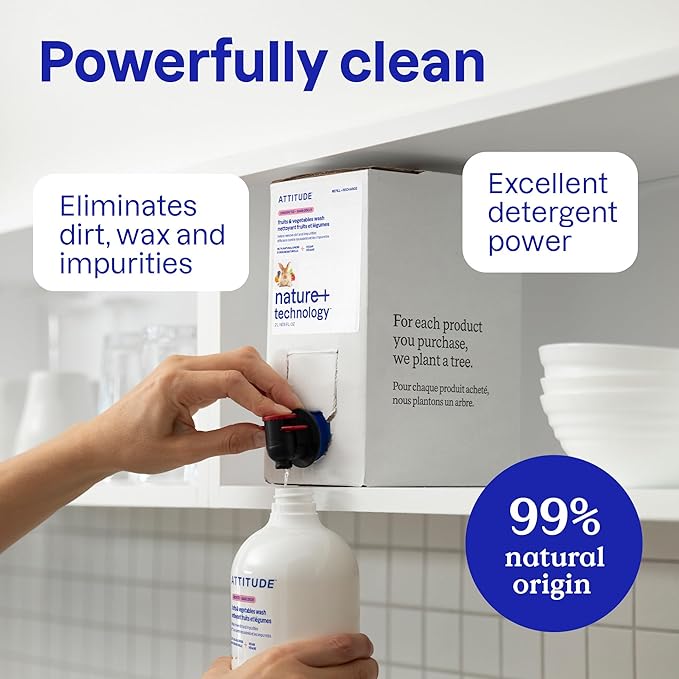 ATTITUDE Fruit & Vegetable Wash, Food-Safe Produce Wash, Removes Dirt & Residue, Vegan & Plant-Based Ingredients, Unscented, 27.1 Fl Oz (Pack of 3)