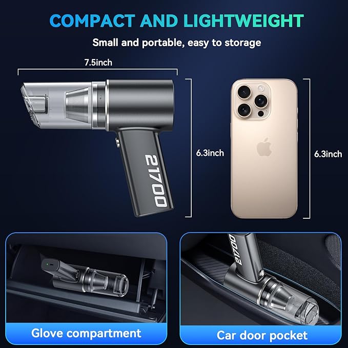 Car Vacuum Cordless Portable with Brushless Motor,16000PA Suction Power, 3-in-1 Compressed Air Duster & Air Blower & Pump Wireless Mini Handheld Cleaner for Home, Car, Pet, Office