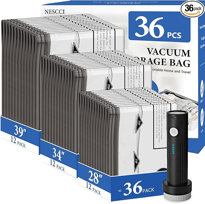 NESCCI Travel Vacuum Bags for Clothing with Rechargeable Wireless air Pump，36 Pack Compression Packing Bags for Luggage Suitcase,Carry-on Size Space Saver vacuum storage bags