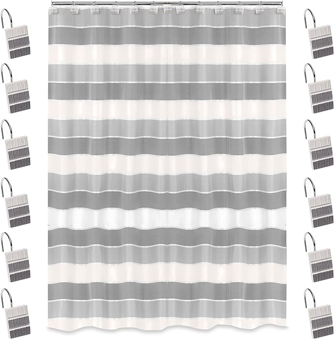 Zahari Home 13pc Modern Line Shower Curtain Set - Gray Luxury Contemporary Shower Curtains with Unique Design & 12 Hooks