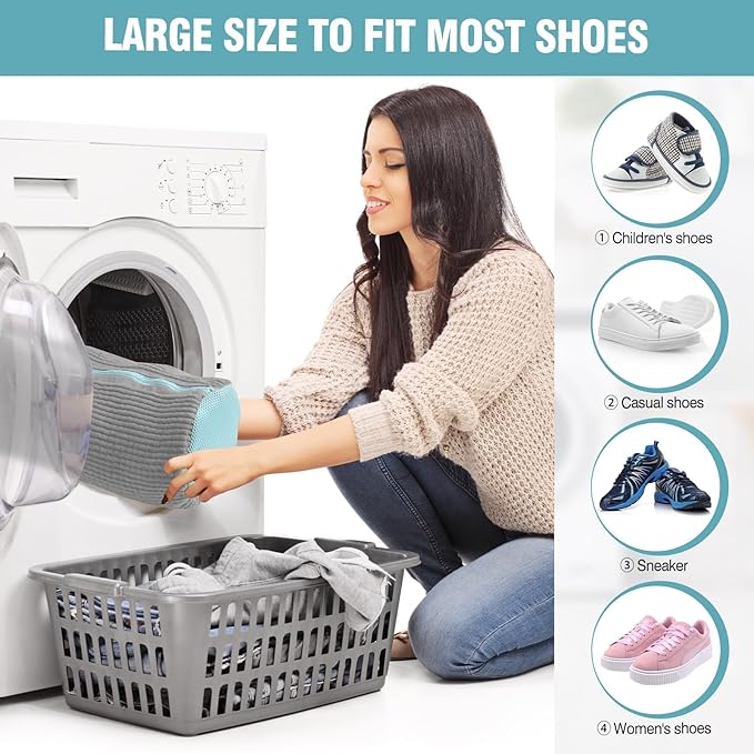 Shoe Washing Machine Bag, 2 Pack Grey Laundry Shoe Bags for Washer and Dryer, Sturdy Zipper with Hook Design, Dry Net Bag Included, Reusable for Sneaker, Gray 2PCS