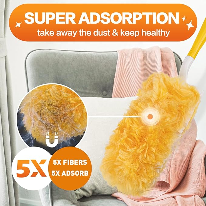 Heavy Duty Duster Refills, Disposable Dusters Kit for Cleaning Dusting Furniture Blind Ceiling Fan, Multi Surface 360 Feather Duster(60)+3FT Extended Handle +1 Handle