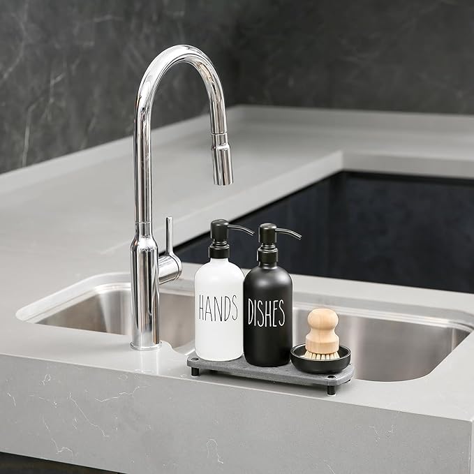 MOMEEMO Soap Dispenser for Kitchen Sink Comes with Stainless Pumps, Instant Dry Tray, and Dish Scrub Brush, Suitable for Black and White Kitchen Decor. (Black & White)