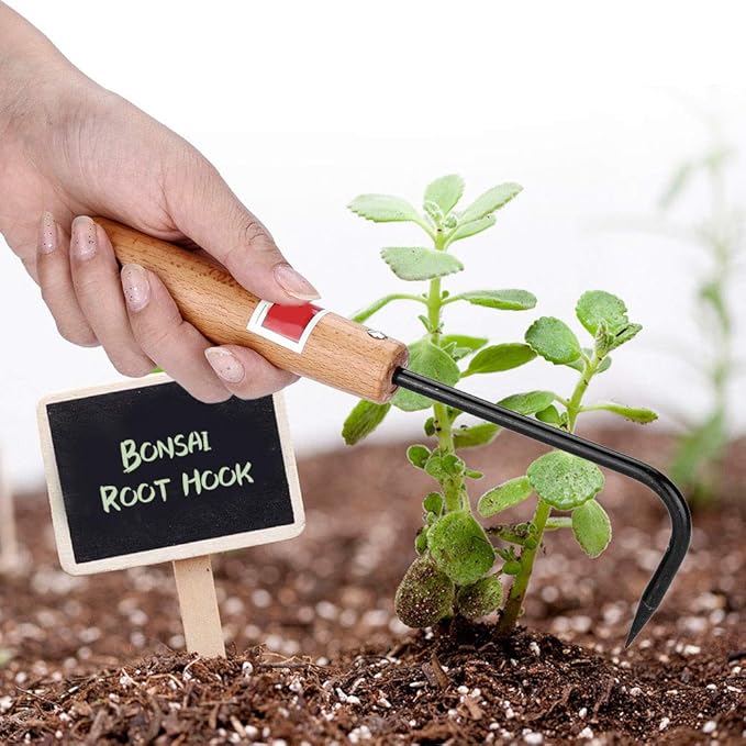 Bonsai Root Hook, 22cm Manganese Steel Single Claw Gardening Hook Root Pick Rake Bonsai Tool Handle Weeder with Comfortable Wooden Handle for Outdoor Cultivator Weed Remove