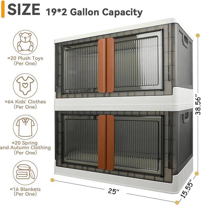 Storage Bins, Cabinet with Lids, Extra Large Useful Box, 19 Gallons (72L) Capacity (Per One), 2 Packs, Collapsible, Transparent, Home Organizer