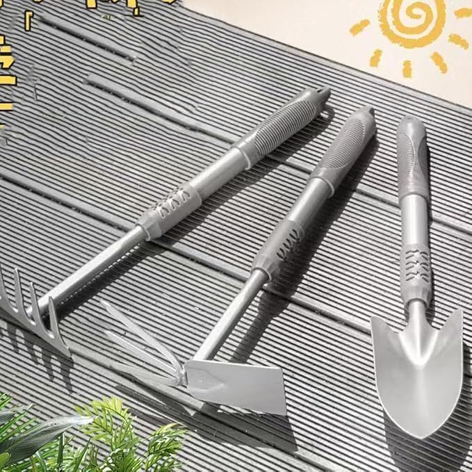 3-Piece Garden Hand Tool Set, Ergonomic Handles, Includes Trowel, Rake and Cultivator, Gray
