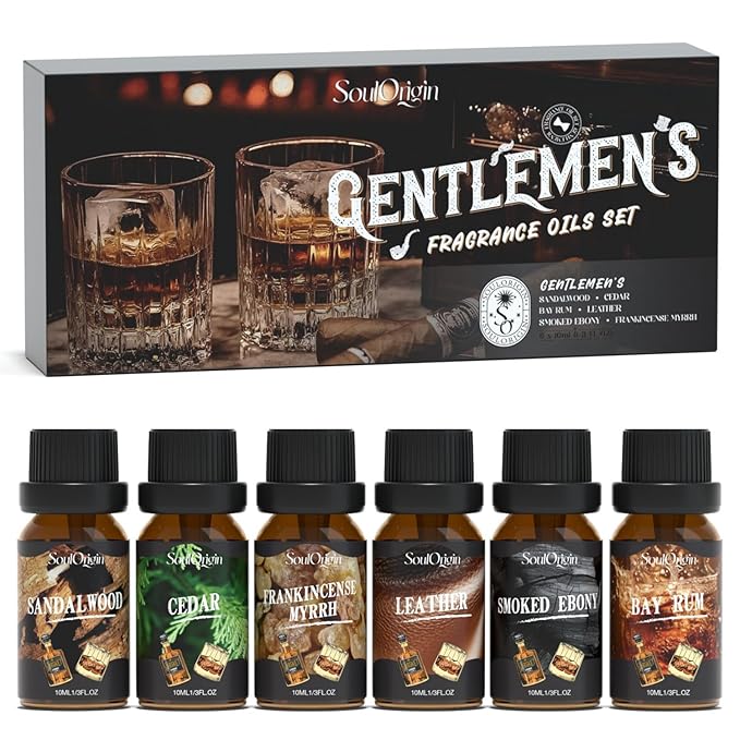 Gentleman Fragrance Oils Set, Essential Oil for Diffuser, Diffuser Oil, Use for Soap Candle Making, Sandalwood, Cedar, Rum, Leather, Smoky Oud, and Frankincense & Myrrh