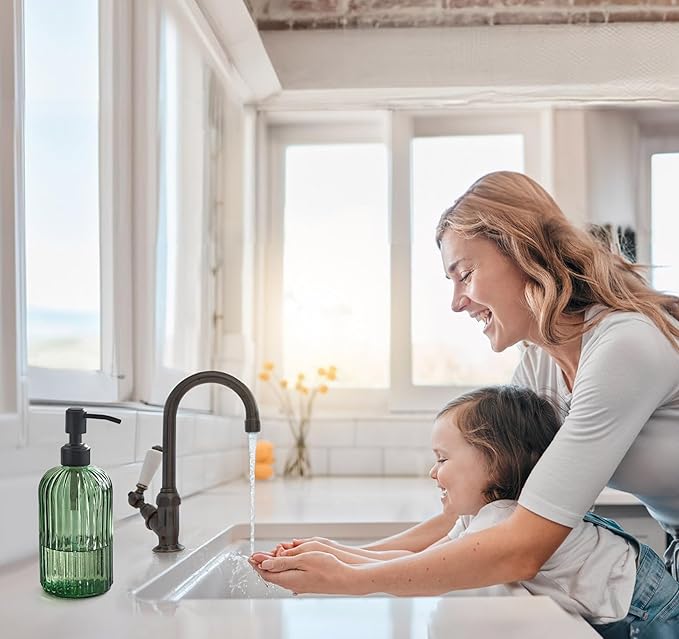 JASAI 18Oz Green Glass Soap Dispenser with Black Rust Proof Pump, Refillable Bathroom soap Dispenser with Thick Glass, Soap Dispenser Bathroom for Kitchen Dish soap, Hand Soap, Lotion, Body Wash.