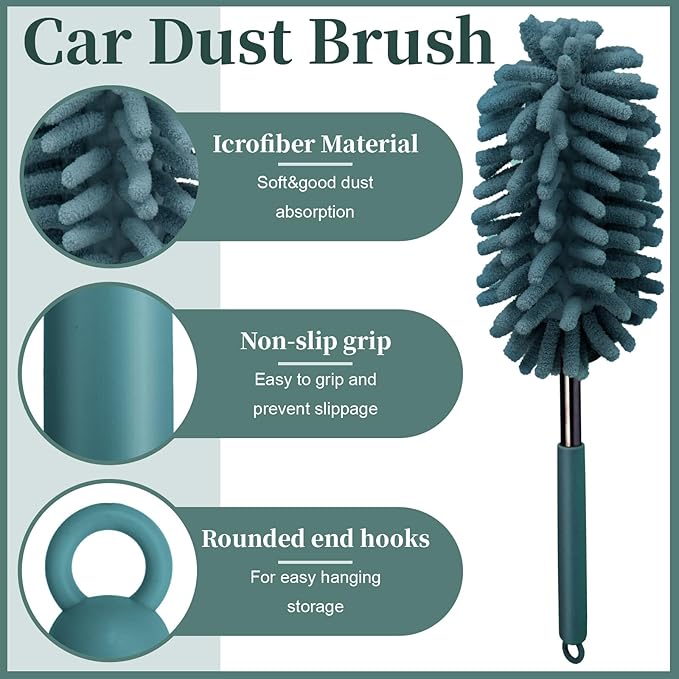 2 PCS Car Interior Duster with Extension Pole, Microfiber Car Dusters with Bendable Head, Cars Duster Exterior&Interior Scratch Free, for Cleaning of Vehicle Details, Offices, Window(Nude Blue)