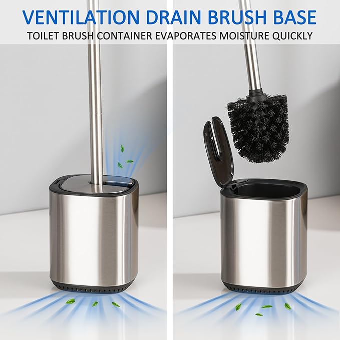 Toilet Bowl Brush and Holder, Toilet Brush with Stainless Steel Handle and Durable Bristles for Bathroom Cleaning, Automatic Closing Holder Set (Silver)