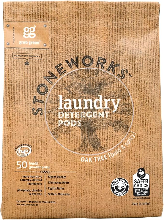 Grab Green Stoneworks Natural Laundry Detergent Powder Pods, Oak Tree, 50 Loads