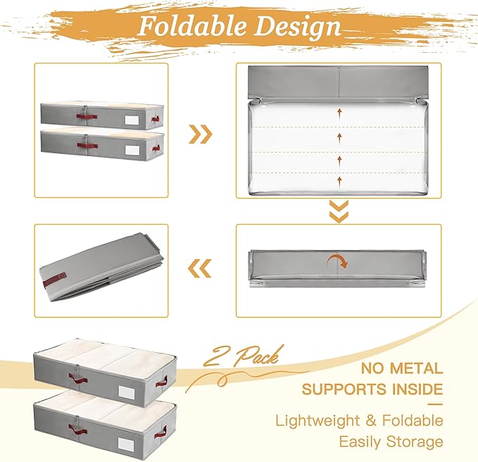 Criusia Under Bed Storage Bins with Clear PVC Lids – 2 Pack Large Underbed Organizers with Heavy-Duty Handles, Reinforced with 800G PP Panels & 80G Non-Woven Fabric – Waterproof & Foldable, Gery