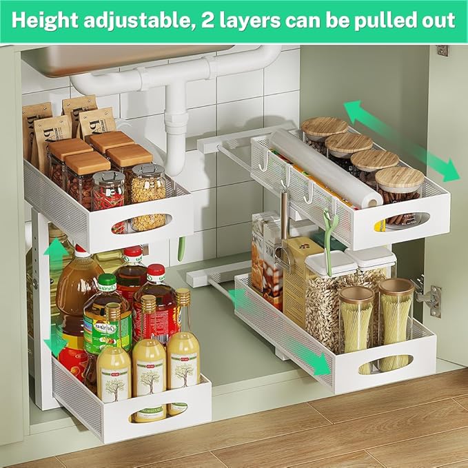 Under Sink Organizer, 2-Tier Pull Out Cabinet Organizer with Adjustable Height, Use in Kitchen Bathroom Cabinet and Countertop Storage, White, 2-Pack